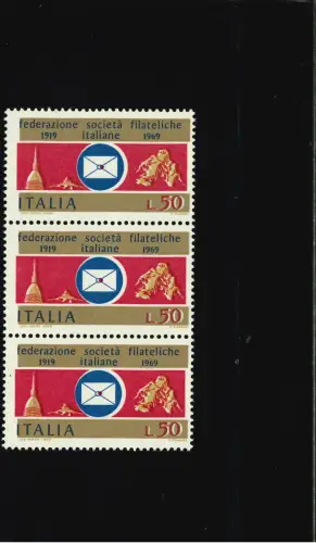 FILATELISTISCHE GESELLSCHAFT 50 L. GOLD VERSCHOBEN VERTIKALER STREIFEN VON DREI