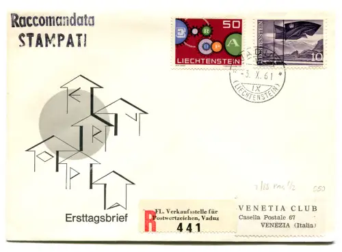 Liechtenstein - Europa 1961 FDC Umschlag verschickt an Venetia Club