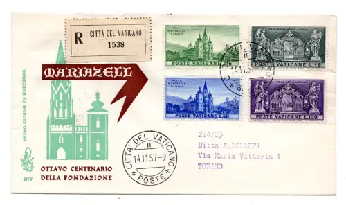 Vatikan FDC Venetia 1957 Mariazell gereist Racc. für Italien