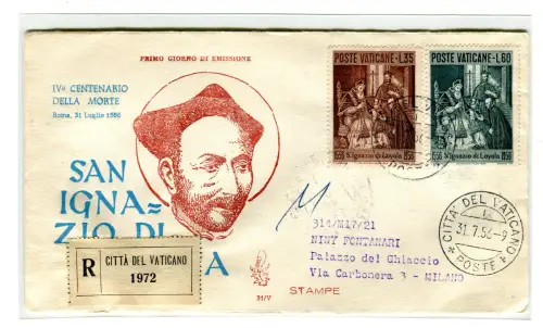 Vatikan FDC Venetia 1956 Sant'Ignazio voyata Racc. für Italien