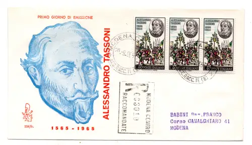 Italien FDC Venetia 1965 Tassoni Dreierstreifen gereist Racc. für Italien