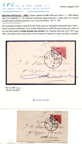 Umberto I. Cent. 10 Nr. 38 diagonal halbiert auf Brief