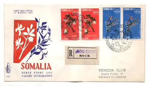 Somalia AFIS FDC Venetia 1958 Blumen Paar gereist Racc. für Italien