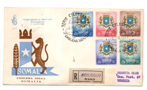 Somalia AFIS FDC Venetia 1957 Reiseemblem Racc. für Italien