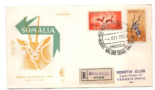 Somalia AFIS FDC Venetia 1958 Gazzelle voyata Racc. für Italien