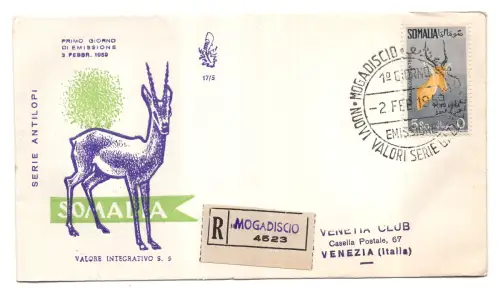 Somalia AFIS FDC Venetia 1959 Antilopi voyata Racc. für Italien