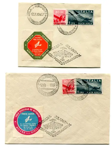 Biella/Mailand vom 12.10.47 - Zwei Umschläge mit Gedenkmugel