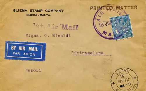 Erstflug Malta Neapel vom 18.6.31