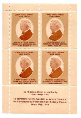 Erinnofilo Wiedereröffnungsblatt der Mailänder Scala 1946 Toscanini - Kuratiert von der Union Philatelica Lombarda - neu - Cod. 1651/WEB