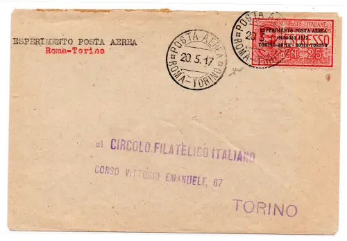 1917 Rom - Turin vom 20. Mai - Aerogramm des I. Fluges De Bernardi