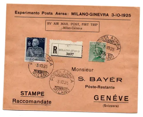 1925 Mailand/Genf vom 3.10.25 - Aerogramm Racc. für den Erstflug