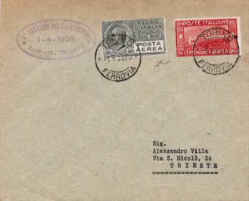 1926 Turin/Triest vom 1. April - Aerogramm des ersten SISA-Fluges