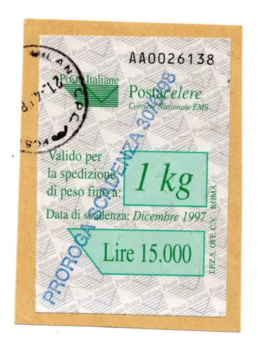 Postacelere 1 Kg. Nr. 4 mit Stempel Verlängerung Ablauf 30.6.98 hellblau