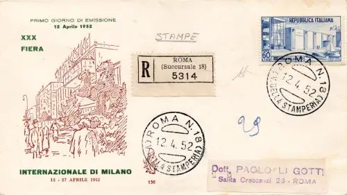 Mailand '52 auf FDC Venedig Racc. für Rom