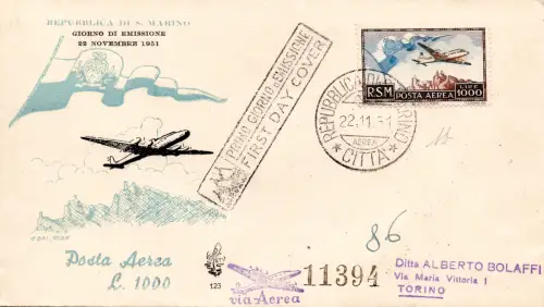 San Marino - Lire 1.000 Aereo Flag auf FDC Venedig