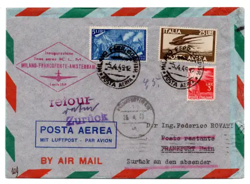 K.L.M. I. Flug Mailand/Frankfurt vom 5.4.49