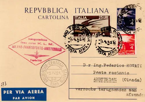K.L.M. I. Flug Mailand/Amsterdam vom 5.4.49