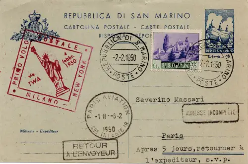 T.W.A. I. Flug (San Marino) Mailand/Paris vom 4.2.50