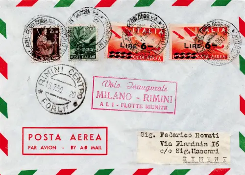 A.L.I. I. Flug Mailand/Rimini/Mailand vom 15.7.50 - Zwei Aerogramme von Mi