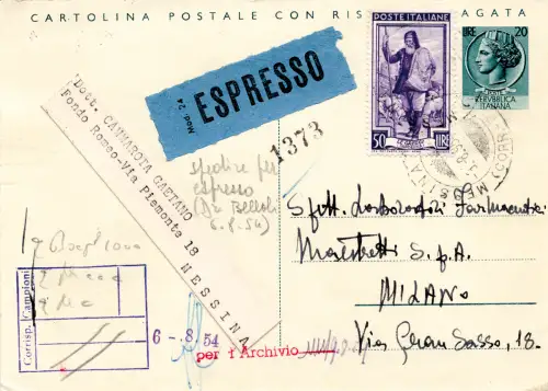 C.P. Syrakus Lire 20 + 20 - die Postkarte Frage gereist