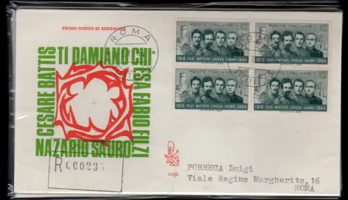 Italien FDC Venetia 1966 Filzi Viertelreise Racc. für Italien 727