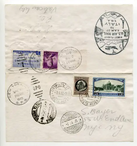 TWA Rom/Washington vom 4.4.46 - Flugluftbild mit Ann. Sonder- und Mischfrankatur Vatikan