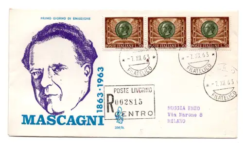 Italien FDC Venetia 1963 Mascagni Dreierstreifen gereist Racc. für Italien
