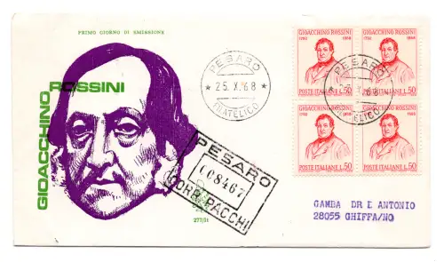 Italien FDC Venetia 1968 Rossini Viertelreise Racc. für Italien