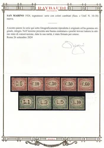 Steuermarken von 1924 Nr. 10/18 die Raybaudi Gold Certified Series - MNH