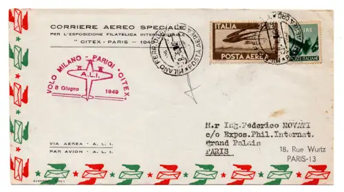 A.L.I. Mailand/Paris - Aerogramm mit Sonderflug vom 8.6.49