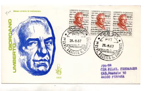Italien FDC Venetia 1967 Giordano Dreierstreifen nach Italien gereist