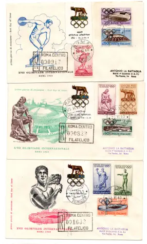 Olympische Spiele in Rom auf drei FDC-Umschlägen (Filagrano-Ausgabe)