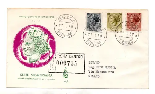 Italia FDC Venetia 1958 Siracusana Lit. 1, 50 und 90 gereist Racc. für Italien