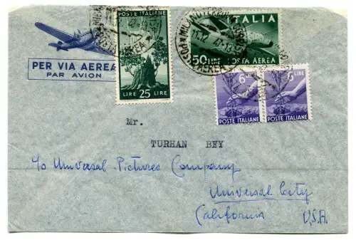 Luftpost 50 Lire + Ergänzungen auf Luftumschlag für die USA