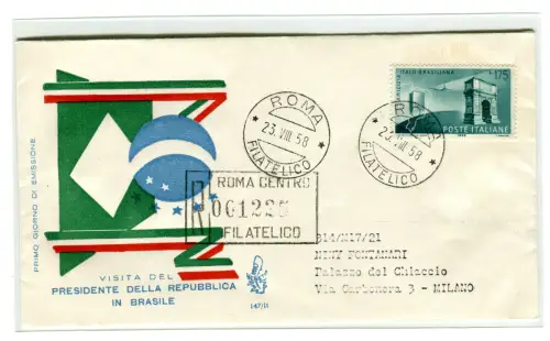 Italien FDC Venetia 1958 Freundschaft Italo Brasiliana gereist Racc. für Italien