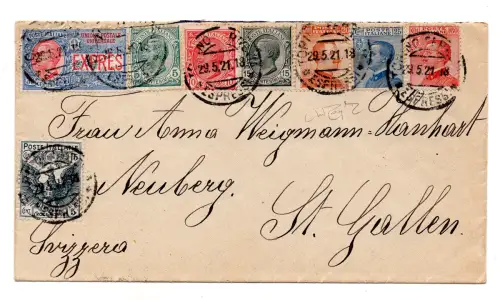 Rotes Kreuz + Löwen + Michetti + Espresso auf Umschlag für die Schweiz