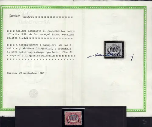 2 Cent. auf 0,02 Nr.29 Zertifikat Bolaffi MNH