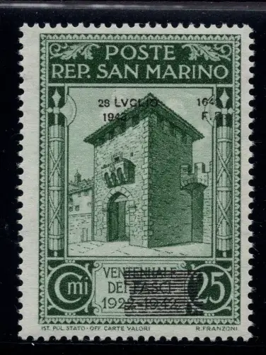 Fall des Faschismus Cent. 25 n. 256ecc verschobener Aufdruck MNH