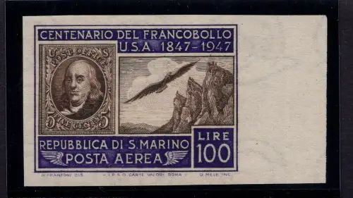 Hundertjahrfeier Briefmarke USA P.A. Nr. 75b Lire 100 ungezähnt - MNH