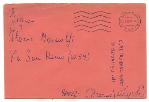 Erdbeben Irpinia - Freizeitiger Umschlag, der von Cervinara (AV) verschickt wird