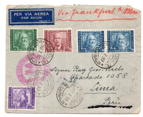 Kaiserreich Luftpost Lire 2, 3 und 5 Luftumschläge nach Lima