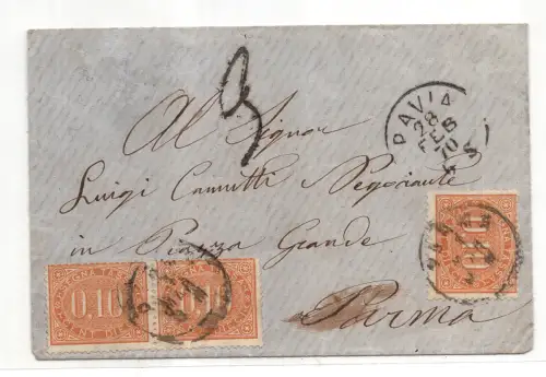 1869 Segnatasse Cent. 10 Nr. 2 Steuerumschlag mit 3 Exemplaren