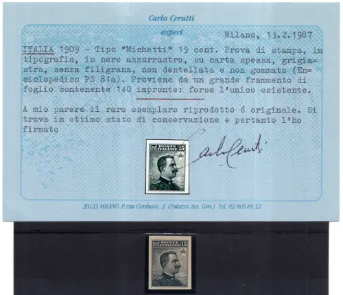 1909 Michetti Cent. 15 ungezähnte Druckprobe