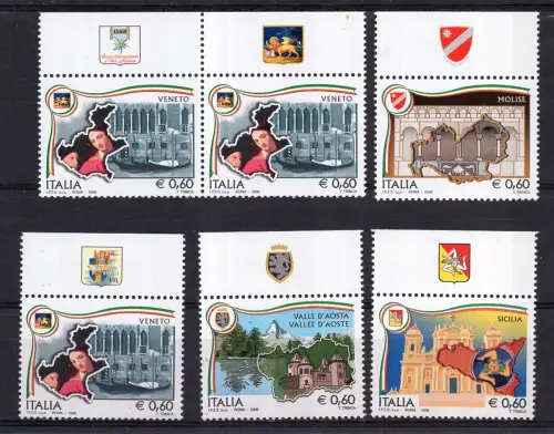 Regionen Italiens 2008 komplette Serie mit 6 Werten mit Band