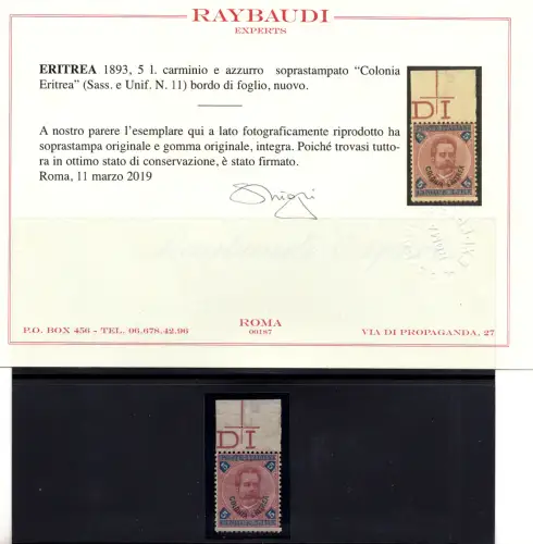 Eritrea - Umberto I. Lire 5 Nr. 11 Zertifikat - MNH