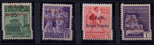 C.L.N. Aosta - Zerstörte Denkmäler aufgedruckt Nr. 1/4 Serie MNH