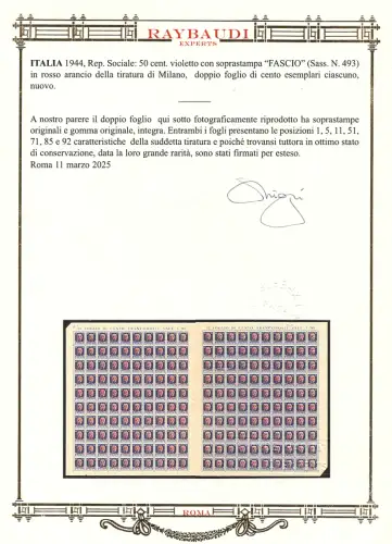 Centband. 50 Milanona rot orange Cert. Raybaudi - MNH