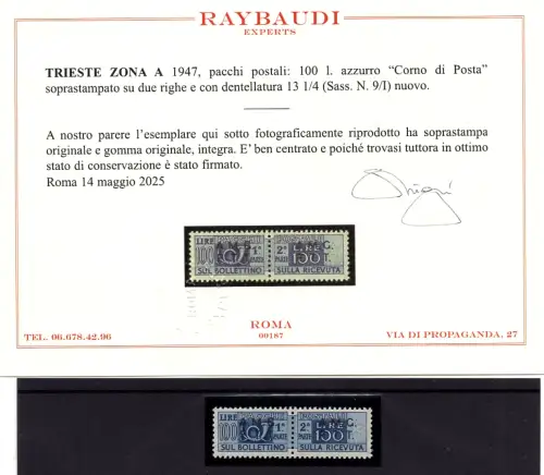 Postpakete Lire 100 Nr. 9/I Zahnung 13,1/4 Zertifikat - MNH