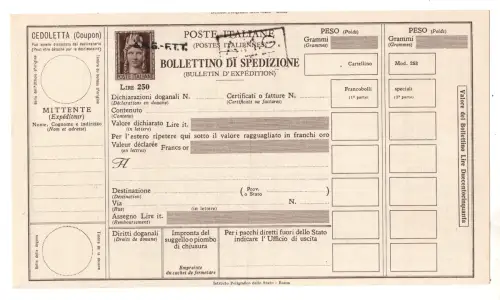 Triest A - Versandzettel 250 Lire Handaufdruck