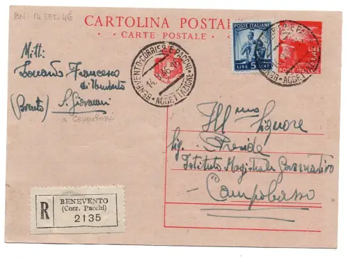 Postkarte Lire 3 Democratica Einschreiben am 14.9.46